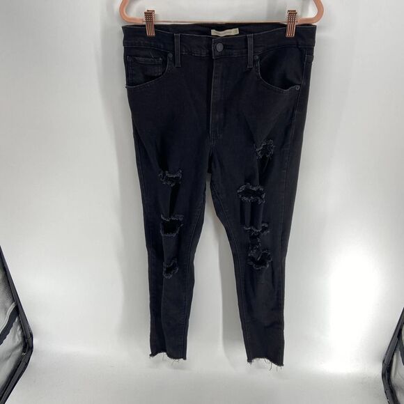 Levis Mile high Super Skinny black distressed frayed leg jean pant womens 32 - Picture 1 of 8